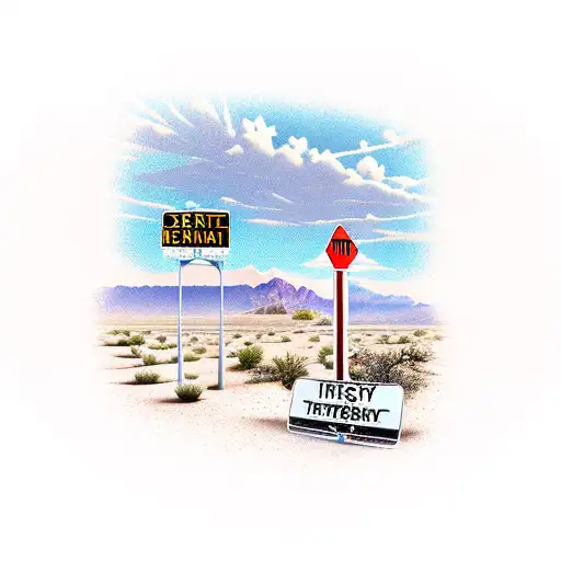 Desert Mountain Scene With Street Sign And Highy Interstate Sign