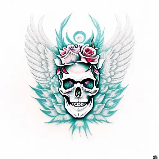 Skull With Roses And Wings In Ar Deco Style