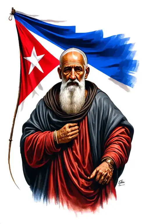 Realistic Tattoo Of Older St Francis Of Assasi With The Puerto Rican Flag In The Background