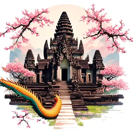 Angkor Wat Temple With Cherry Blossom And Dragon