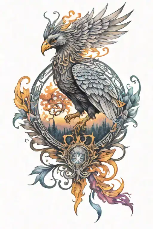 Libra Phoenix Rising From Ashes Surrounded By A Colorful Forest