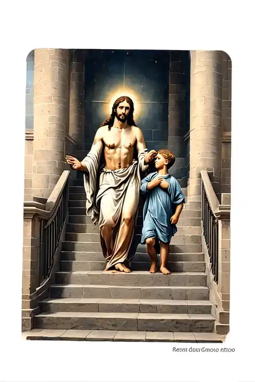 Jesus Walking Up Stairs With Mary And Little Boy