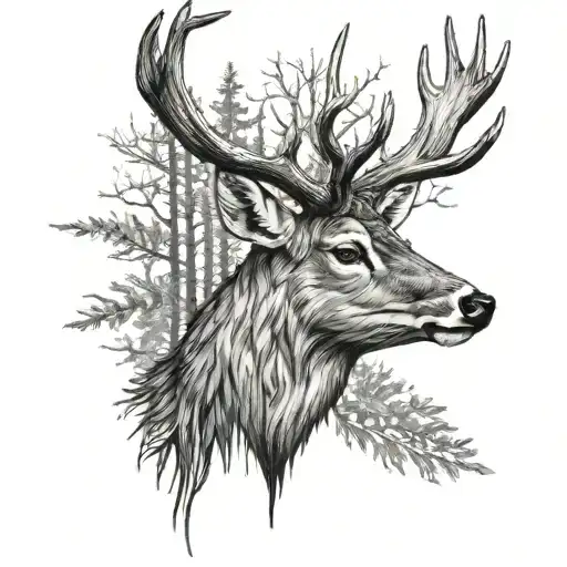 A Deer Head Facing Onwards On The Upper Arm With A Wood Design