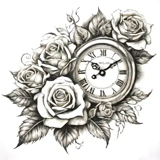 Stone Clock And Roses