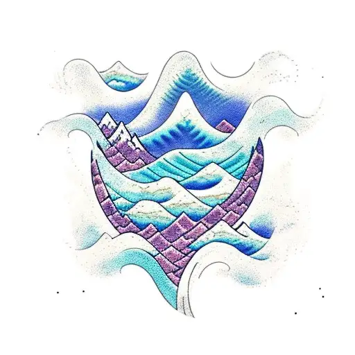 Waves Interwinding With Mountains With A Dog And A Blue Fish