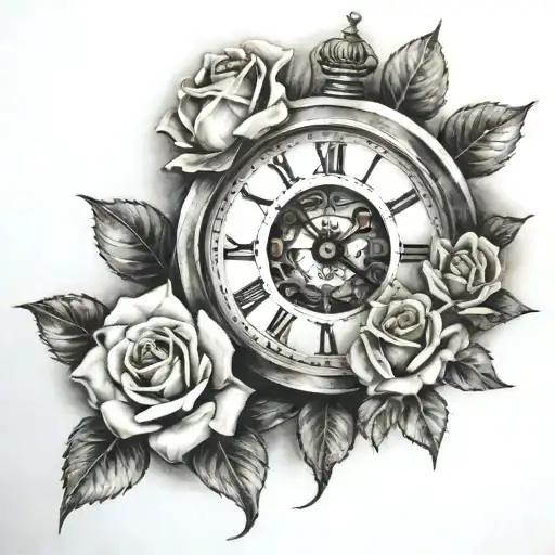 Stone Clock And Roses