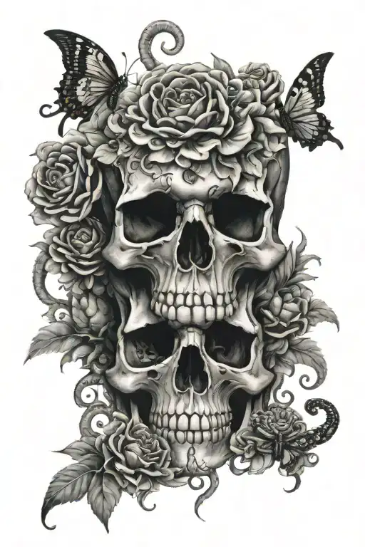 Gothic Skull With Snake And Chrysanthemum Flowers