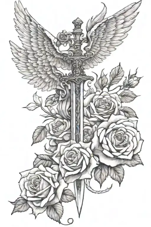 Sword Angel Wings And Roses Growing