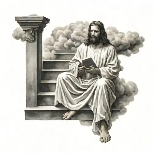 Jesus Christ Sitting In The Clouds On A Staircase Reading
