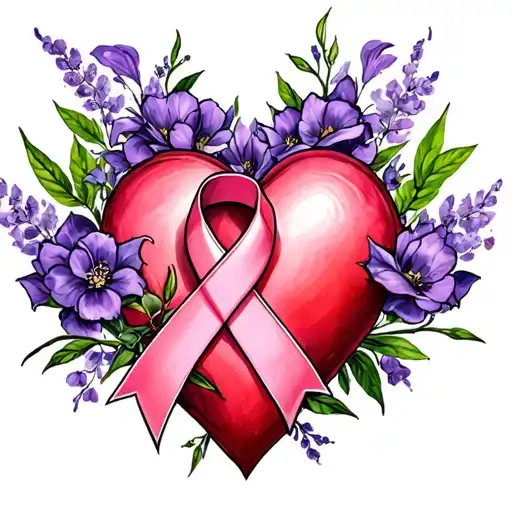 B And T Initial Memorial Tattoo Design Featuring Pink Breast Cancer Ribbon And Purple Heart