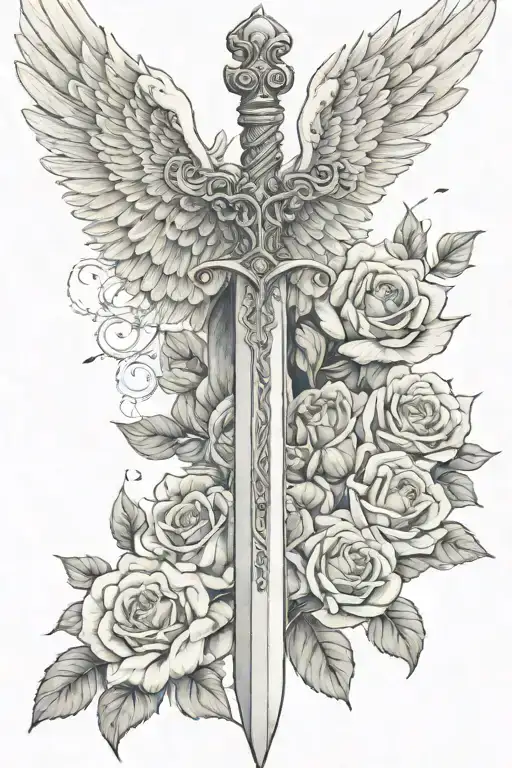 Sword Angel Wings And Roses Growing