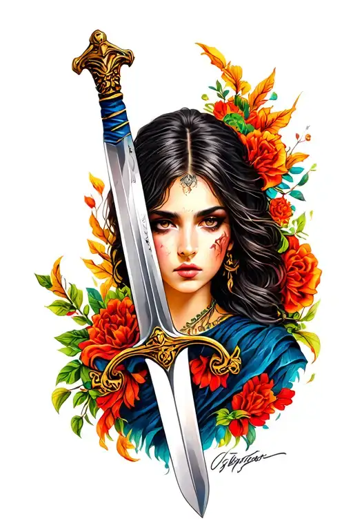 Neotraditional Realistic Woman Face With Sword Colourful Elegant Warm Colours