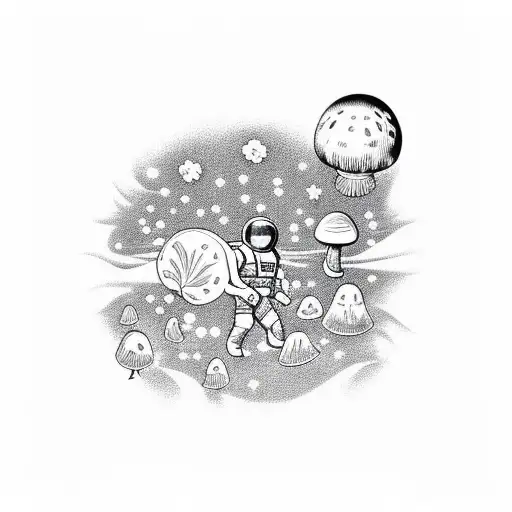 Cosmonaut Walking Through A Field Of Mushrooms And Hemp Against The Background Of The Starry Sky
