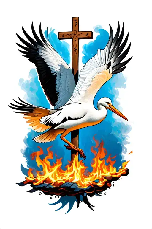A Flying Stork Holding A Cross On Fire