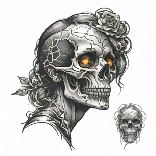 Women And Skull Dark With Neon Lights