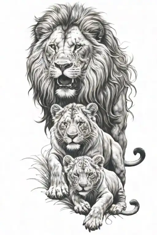 A Lion Wrestling With Its Cubs