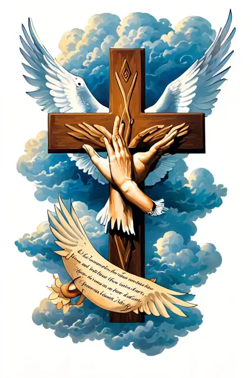 Cross With Clouds And A Dove With Praying Hands And A Verse