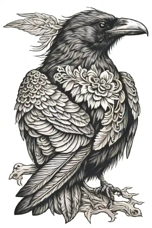 A Realistic Portrait Of A Crow With Intricate Tattoo Designs On Its Feathers