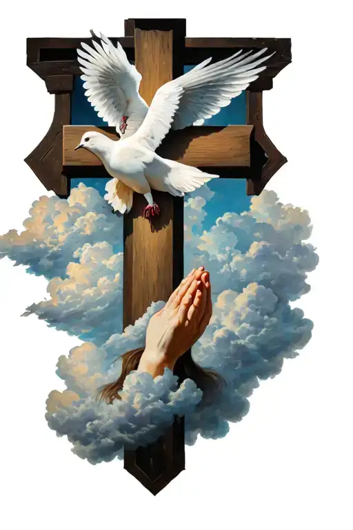 Cross With Clouds And A Dove With Praying Hands