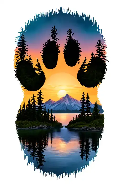 Dog Paw Print With Mountains And 15 Trees Colors Sunset Over Lake