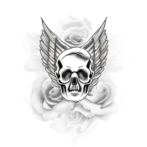 Angel Old Skull With Cloud And Roses