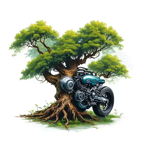Vtwin Motor Intertwined With Tree Growing