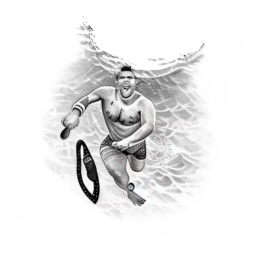 A Realistic Tattoo Of A Water Polo Player Diving Into A Pool With A Viking Ship In The Background