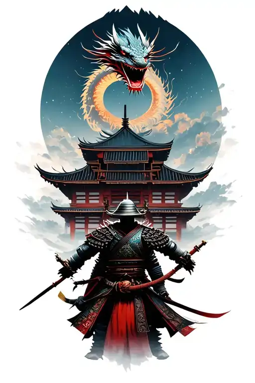 A Samurai Facing A Temple With A Dragon Above It