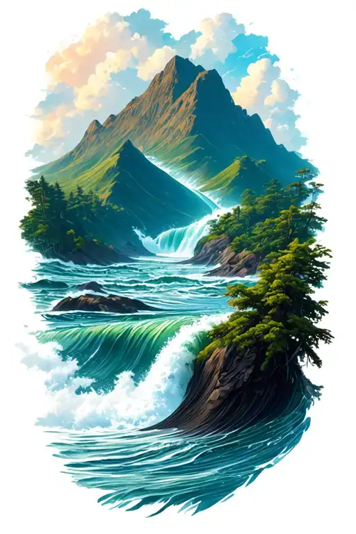 River Flowing From Mountain Down To The Ocean Waves