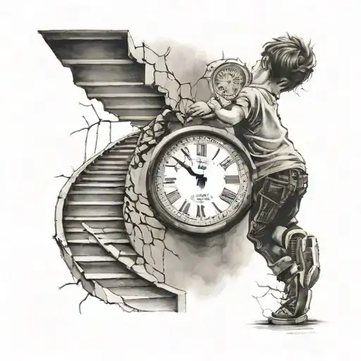Boy Running Up Stairs Fading Away Towards A Clock That Has Cracks And Is Fading Away