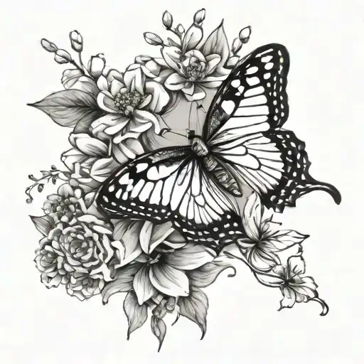 Sketch Of A Butterfly Tattoo With A Small Flower Arrangement In Black And White Colors