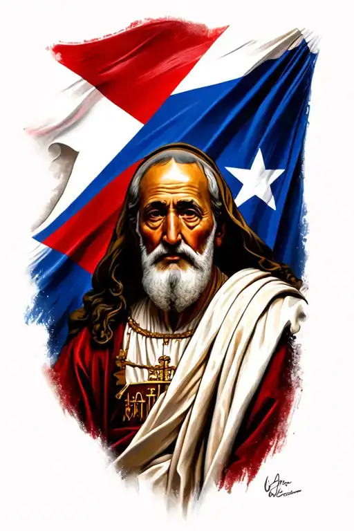 Realistic Tattoo Of Older St Francis Of Assasi With The Puerto Rican Flag In The Background