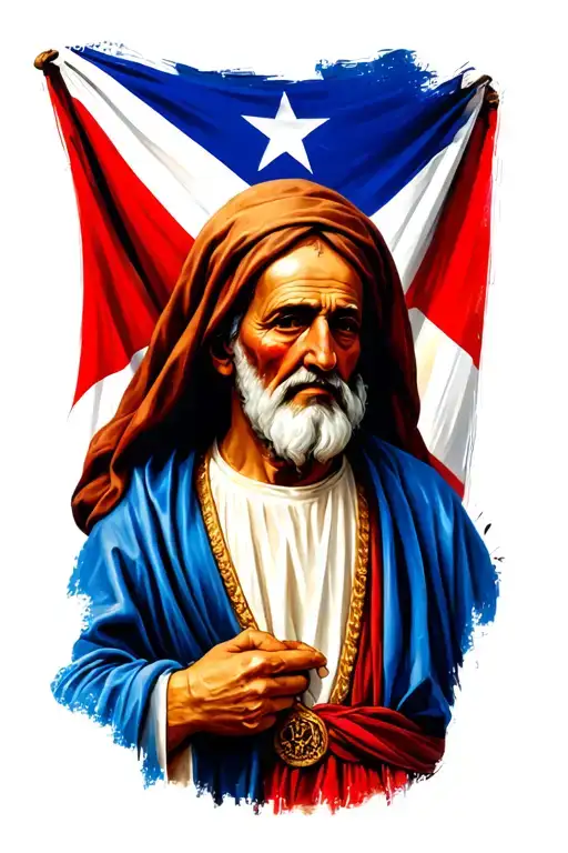 Realistic Tattoo Of Older St Francis With The Puerto Rican Flag In The Background
