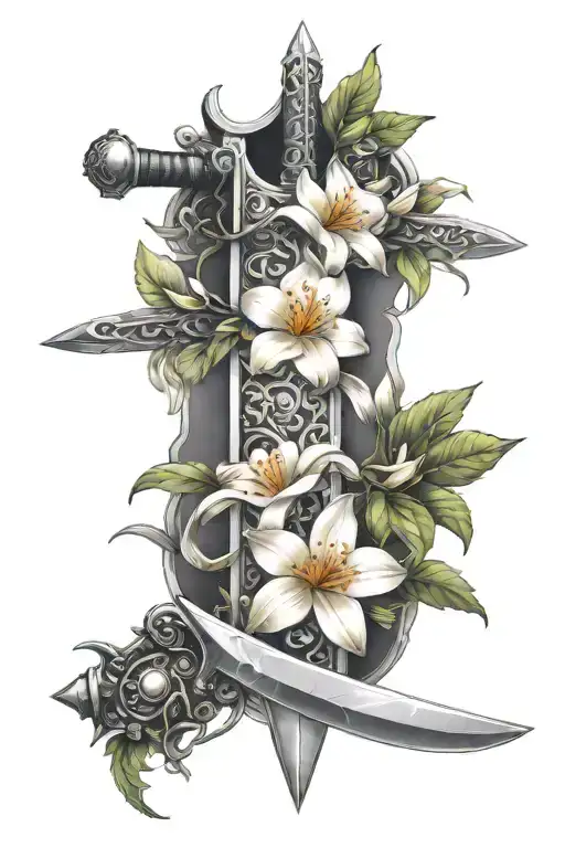 Sword And Crown With Jasmine Flowers Growing Up The Sword