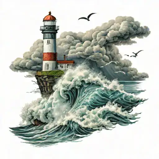 A Powerful Wave Crashing Against A Lighthouse With A Stormy Sky In The Background