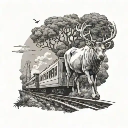 Create A Surreal Scene Of A Deer And A Cow Escaping From A Train Tunnel In A Dotwork Style