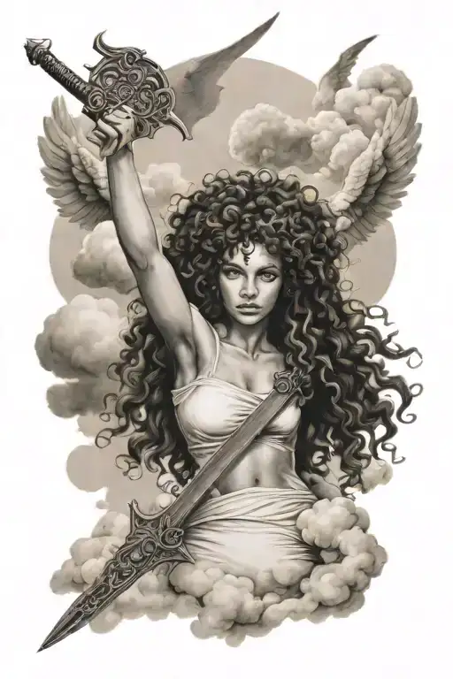 Female With Curly Hair Angel Holding Sword With Clouds Floating