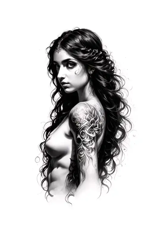 Lilith Looking Left Black And Grey Tattoo Design