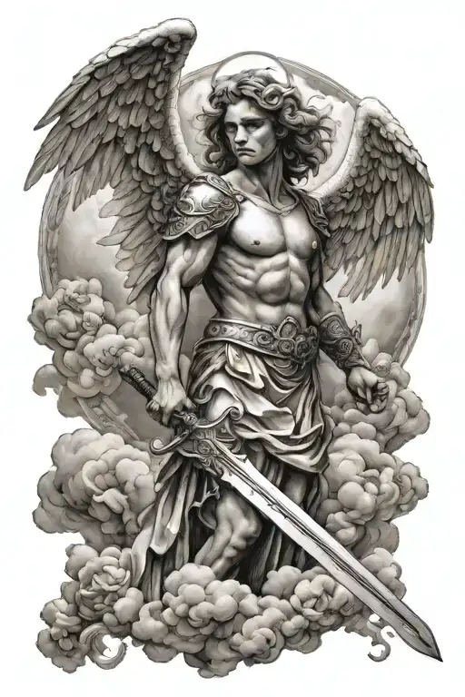 Angel Holding Sword With Clouds Floating