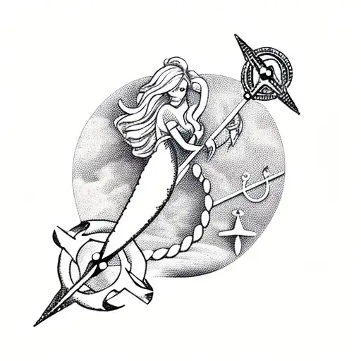 A Black Haired Mermaid With A Compass And Anchor On Rough Waves