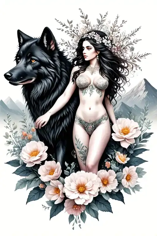 Aries Sexy Goddess Surrounded By Poeny Flowers And Black Wolf With Mountains