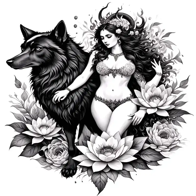 Aries Sexy Goddess Surrounded By Poeny And Lotus Flowers And Black Wolf Holding Fire