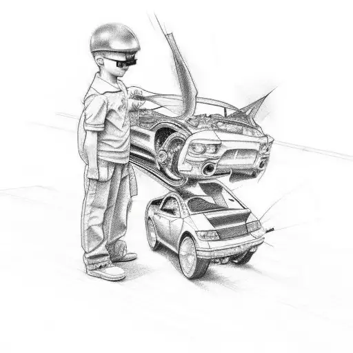 A Sketch Of A Father And Son Working On A Car Together