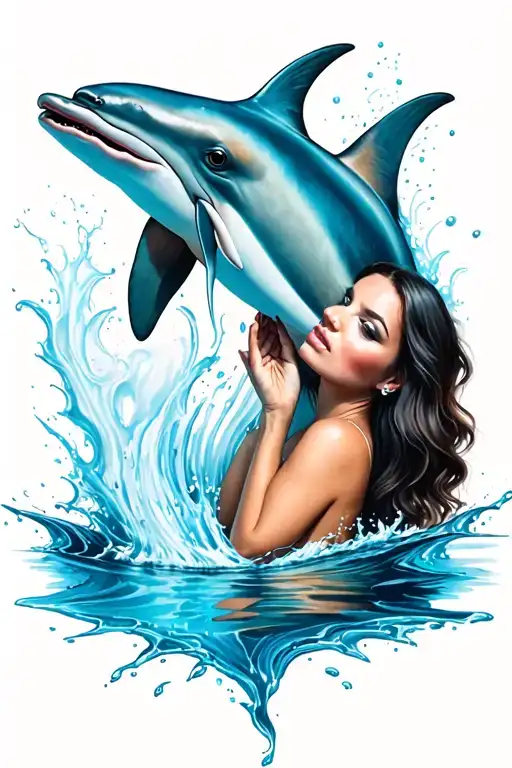 Creepy Dolphin And A Woman Holding It Up While White Liquid Shoots Out In Background