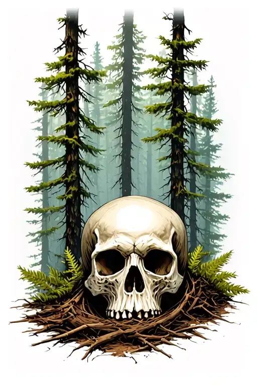 Forest Background With Partially Buried Skull In Foreground
