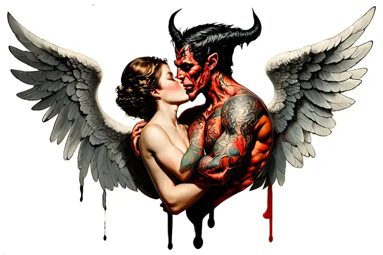 Female Angel Kissing A Male Devil