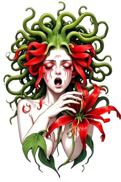 Medusa Crying Holding Red Spider Lily Flower