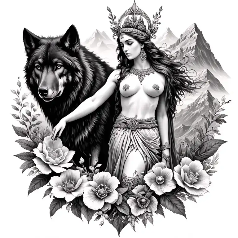 Athena Sexy Goddess Surrounded By Poeny Flowers And Black Wolf With Mountains