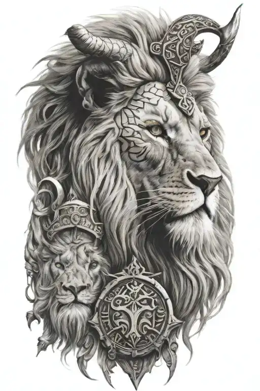 Face Of One Lion With Vikings Symbol Surrounded