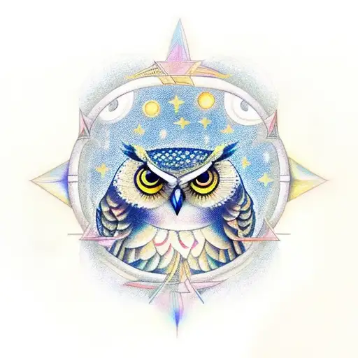 A Mystical Owl Sitting On A Crescent Moon Surrounded By Stars